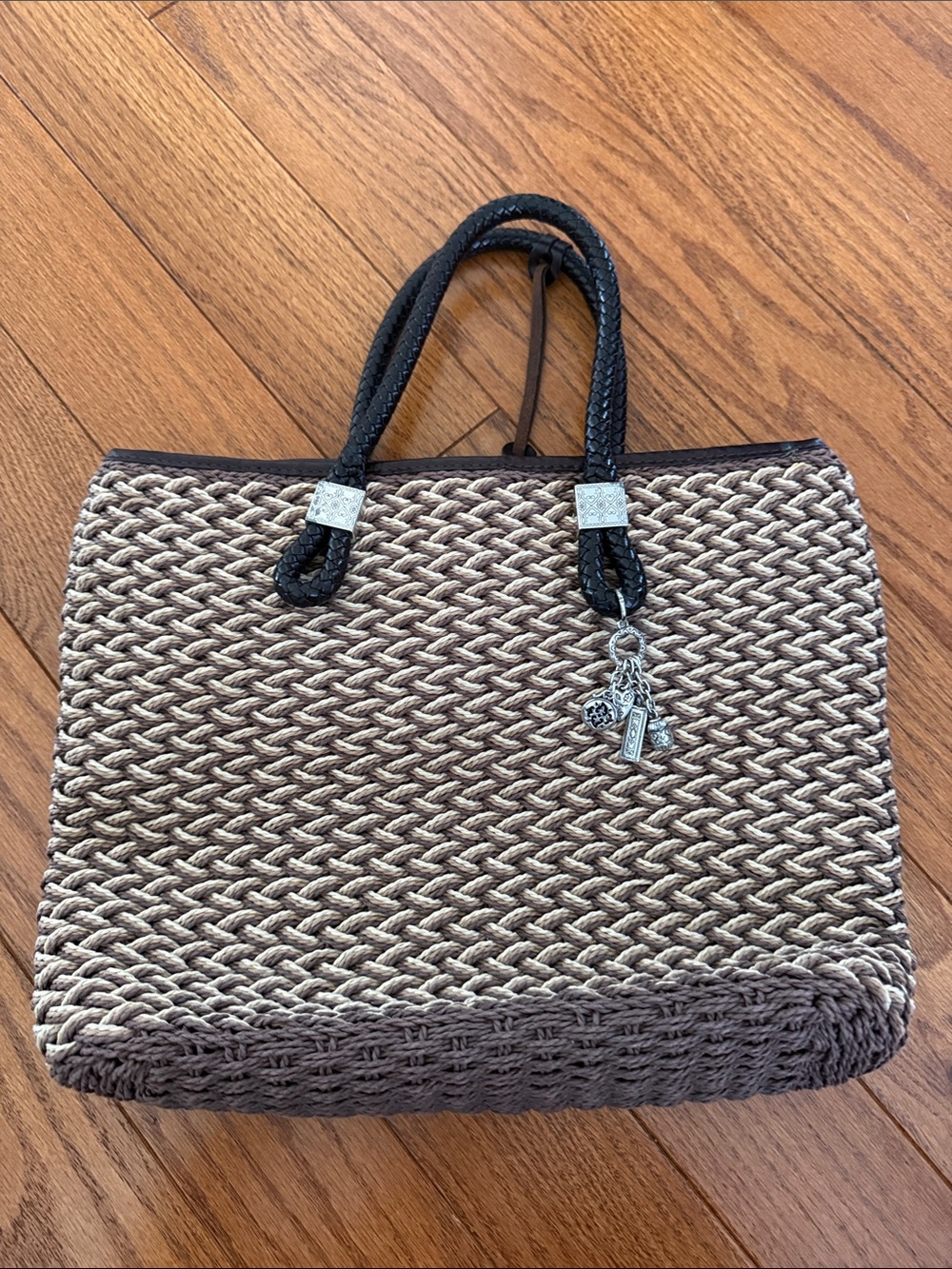 Brighton Brown and Beige Woven Tote with Black Handles